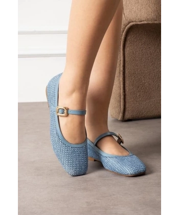 BİÇOMİ Rives Mavi Cilt Hasır Dokumalı Babet Ayakkabı
