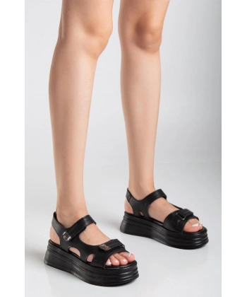 BİÇOMİ Saide Siyah Cilt Cırt Cırtlı Sandalet