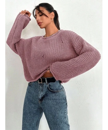 BİÇOMİ Salaş delik detaylı kazak pembe