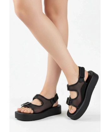 BİÇOMİ Sinna Siyah Cilt Tül Detaylı Sandalet