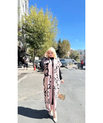 BİÇOMİ Siyah çizgi desenli elbiseli hırka takım pudra siyah