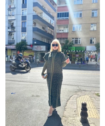 BİÇOMİ Siyah çizgi desenli elbiseli hırka triko takım haki