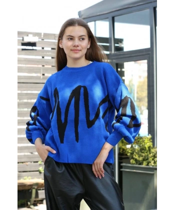 BİÇOMİ Siyah çizgili bisiklet yaka kazak Saks