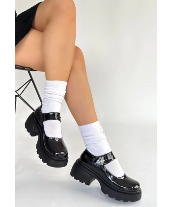 BİÇOMİ Siyat Siyah Rugan Dolgu Topuk Oxford Ayakkabı