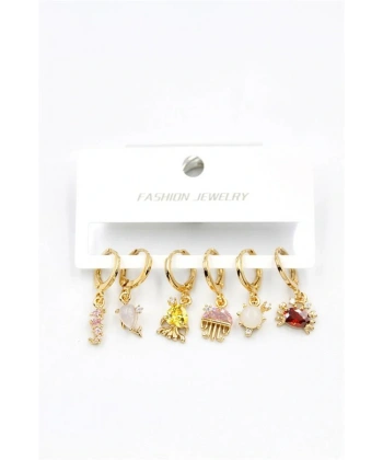 biçomi Taşlı Çoklu Küpe - Altın