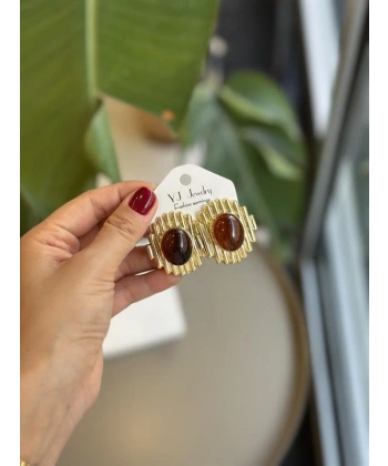 biçomi Taşlı Küpe - Kahverengi