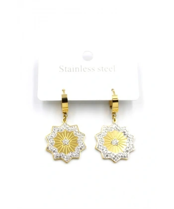 biçomi Taşlı Yıldız Çelik Halka Küpe - Altın