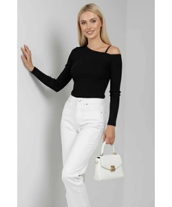 BİÇOMİ Tek Omuz İpli Bluz Siyah T4328