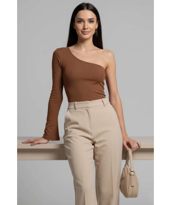 BİÇOMİ Tek Omuzlu Basic Bluz kahve T4275