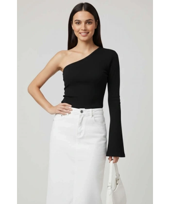 BİÇOMİ Tek Omuzlu Basic Bluz Siyah T4275