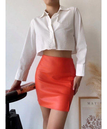 BİÇOMİ Tek yırtmaçlı arkadan fermuarlı deri etek turuncu s24475