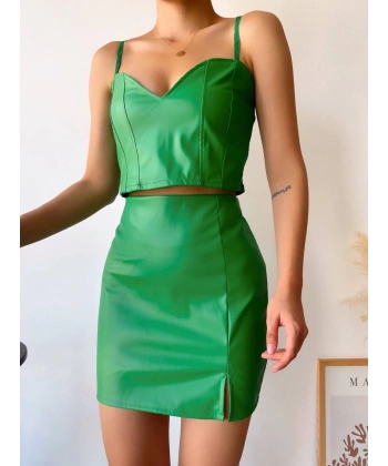 BİÇOMİ Tek yırtmaçlı arkadan fermuarlı deri etek yeşil s24475