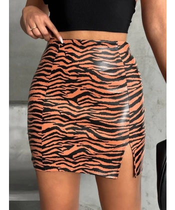 BİÇOMİ Tek yırtmaçlı zebra desenli deri etek kahvesiyah w24475-S