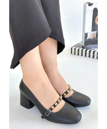 BİÇOMİ Tino Siyah Cilt Topuklu Ayakkabı