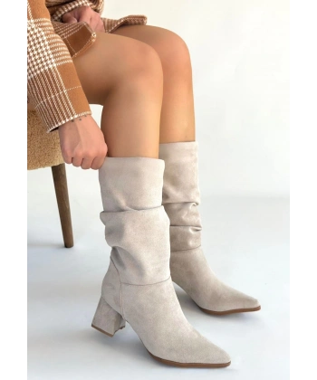 BİÇOMİ Titen Bej Süet Körüklü Topuklu Çizme