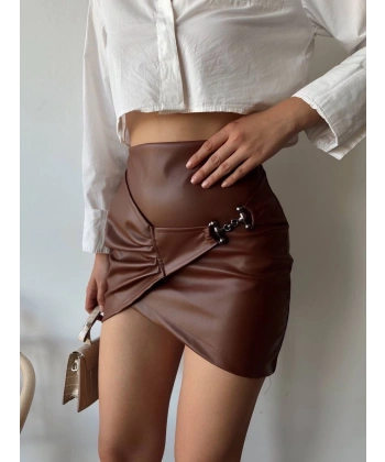 BİÇOMİ Tokalı deri etek kahve s240097