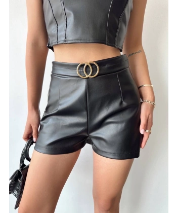 BİÇOMİ Tokalı deri şort siyah s24444