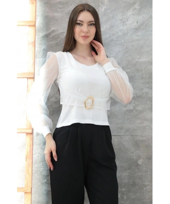 BİÇOMİ Tokalı tül kollu bluz beyaz t4071