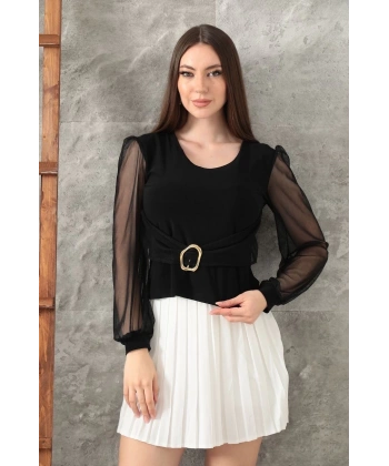 BİÇOMİ Tokalı tül kollu bluz siyah t4071
