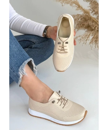 BİÇOMİ Tone Bej Cilt Bağcıklı Spor Ayakkabı