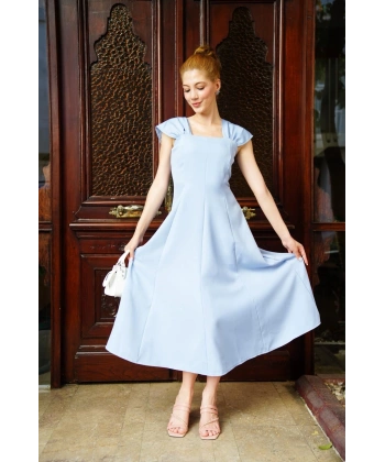BİÇOMİ U yaka prenses elbise mavi s255101