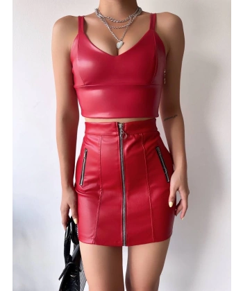 BİÇOMİ Üç fermuarlı deri etek bordo s24510