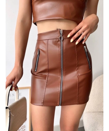 BİÇOMİ Üç fermuarlı deri etek kahve s24510