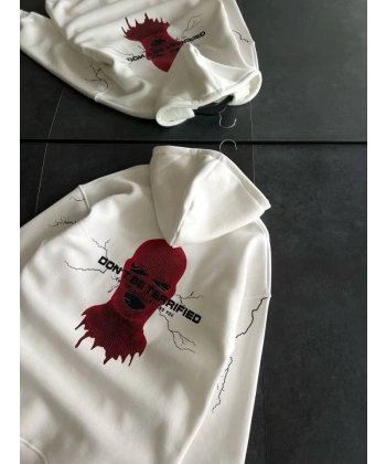 Biçomi Üç İplik Kapşonlu Baskılı Oversize SweatShirt- Beyaz