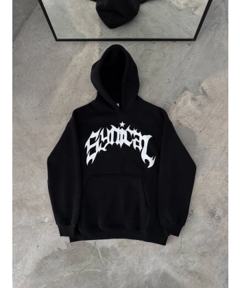 Biçomi Üç İplik Kapşonlu Baskılı Oversize SweatShirt- Siyah