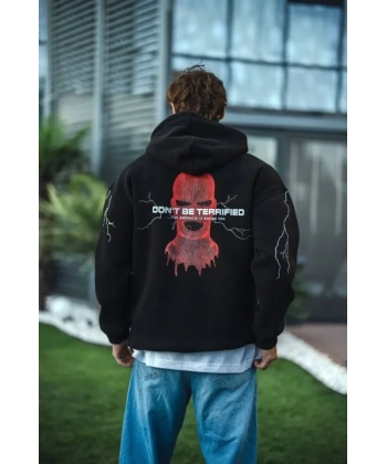 Biçomi Üç İplik Kapüşonlu Baskılı Oversize SweatShirt- Siyah