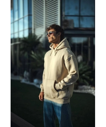 Biçomi Üç İplik Penye Kapşonlu Basic SweatShirt - Bej