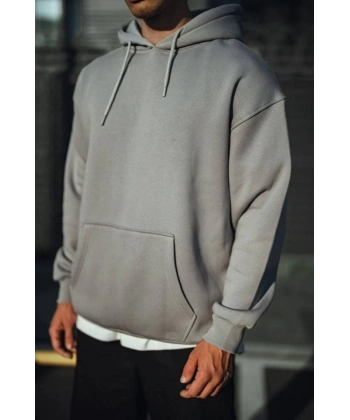 Biçomi Üç İplik Penye Kapşonlu Basic SweatShirt - Boyalı Gri