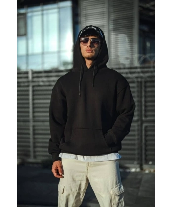Biçomi Üç İplik Penye Kapşonlu Basic SweatShirt - Siyah