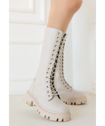 BİÇOMİ Uliza Bej Cilt Bağcıklı Çizme