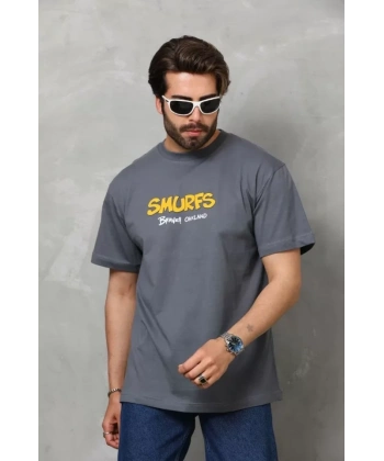 Biçomi Unisex Basic Bisiklet Yaka Oversize T-Shirt - Füme