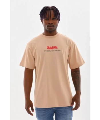 Biçomi Unisex Baskılı Oversize T-Shirt - Bej