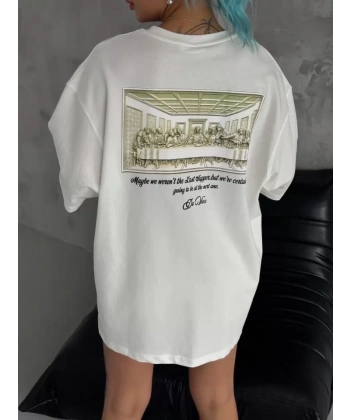 Biçomi Unisex Baskılı Oversize T-Shirt - Beyaz