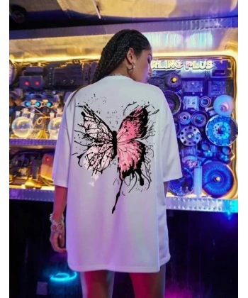 Biçomi Unisex Baskılı Oversize T-Shirt - Beyaz