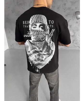 Biçomi Unisex Baskılı Oversize T-Shirt - Siyah