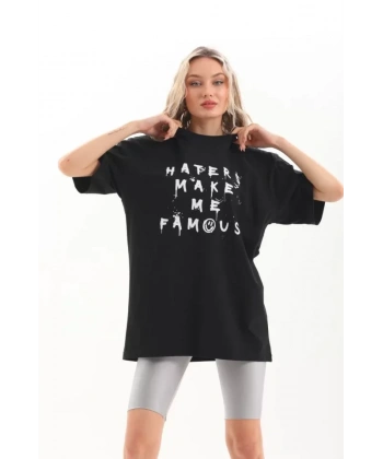 Biçomi Unisex Baskılı Oversize T-Shirt - Siyah