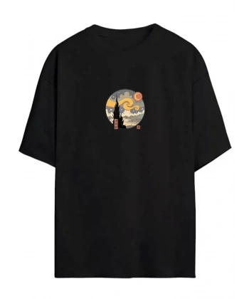 Biçomi Unisex Baskılı Oversize T-Shirt - Siyah