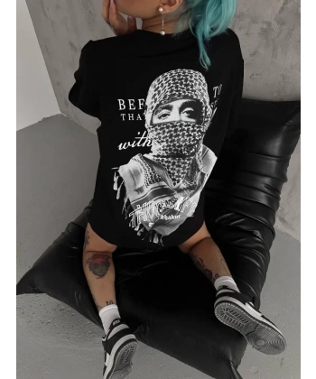 Biçomi Unisex Baskılı Oversize T-Shirt - Siyah