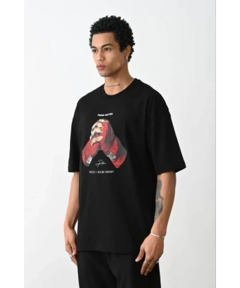 Biçomi Unisex Baskılı Oversize T-Shirt - Siyah