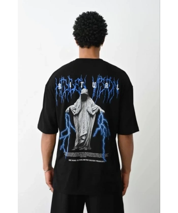 Biçomi Unisex Baskılı Oversize T-Shirt - Siyah