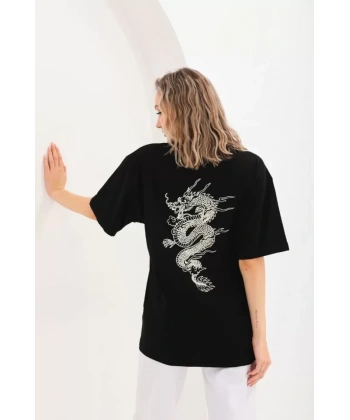 Biçomi Unisex Baskılı Oversize T-Shirt - Siyah