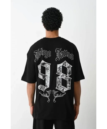 Biçomi Unisex Baskılı Oversize T-Shirt - Siyah