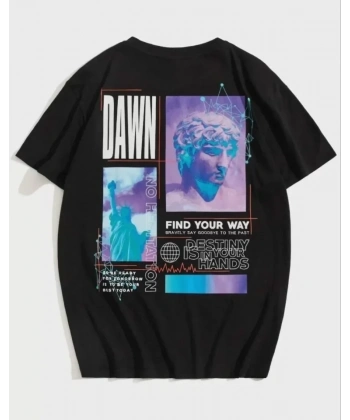 Biçomi Unisex Baskılı Oversize T-Shirt - Siyah