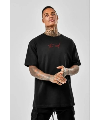 Biçomi Unisex Baskılı Oversize T-Shirt - Siyah