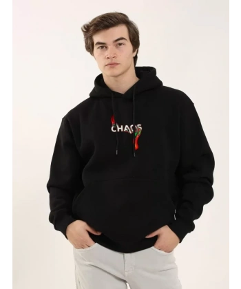 Biçomi Unisex Baskılı Oversize Üç İplik Kapüşonlu Sweatshirt - Siyah