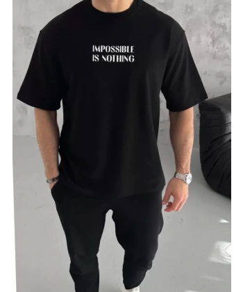 Biçomi Unisex Bisiklet Yaka Baskılı Oversize T-Shirt - Siyah